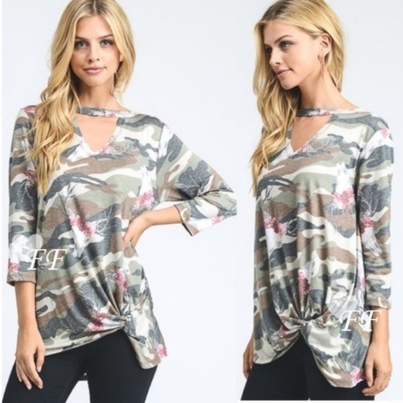 New Camo Front Knot Tie Soft Knit Tunic Blouse - Picture 4 of 6